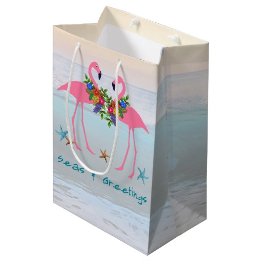 シーズングリーティングピンクフラミンゴスクリスマスアクア ミディアムペーパーバッグ (正面アングル)