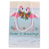 シーズングリーティングピンクフラミンゴスクリスマスアクア ミディアムペーパーバッグ (裏面)