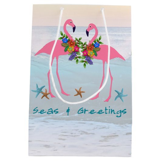 シーズングリーティングピンクフラミンゴスクリスマスアクア ミディアムペーパーバッグ (裏面)