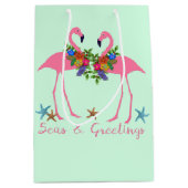シーズングリーティングピンクフラミンゴスクリスマスミント ミディアムペーパーバッグ (正面)