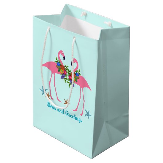 シーズングリーティングピンクフラミンゴスクリスマス ミディアムペーパーバッグ (正面アングル)