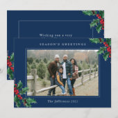 シーズングリーティングブルーカスタムクリスマスカード (正面/裏面)