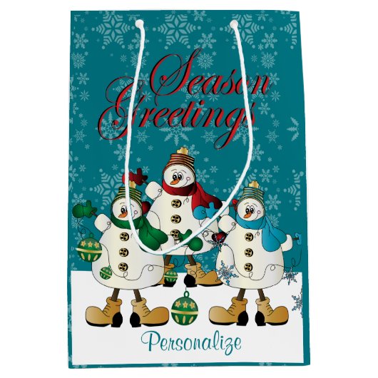 シーズングリーティング雪だるまフレンド | クリスマス ミディアムペーパーバッグ (正面)