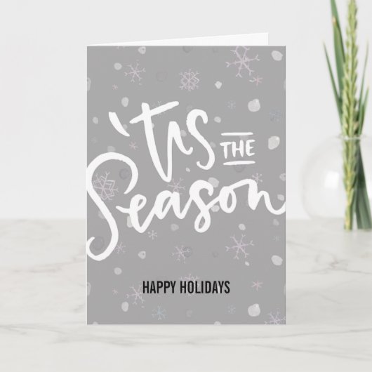 シーズングレー白モダン雪片スクリプト シーズンカード (正面)