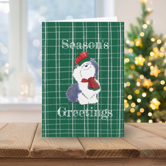 シーズンズグリーツコージーシェプドッグホールディングホリデー カード