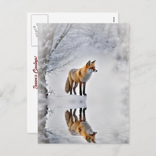 シーズンズグリーティングキツネと雪のクリスマス シーズンポストカード (正面/裏面)