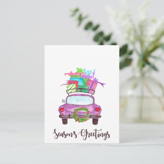 シーズンズグリーティングクラシックカーの水彩 ポストカード (スタンド正面)