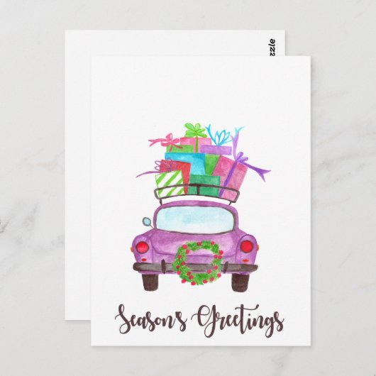 シーズンズグリーティングクラシックカーの水彩 ポストカード (正面/裏面)