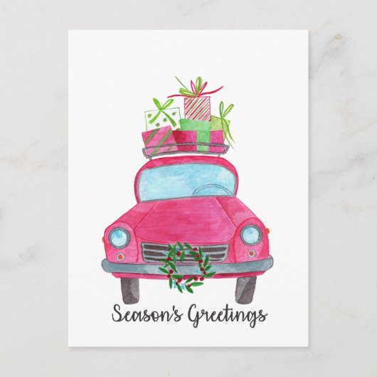シーズンズグリーティングクラシックカーの水彩 ポストカード (正面)