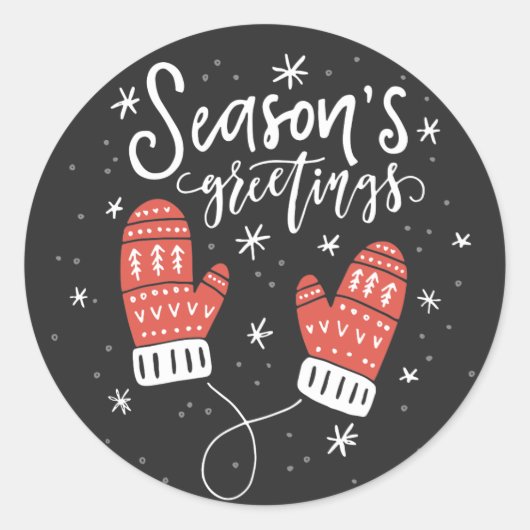 シーズンズグリーティングレッドミッテンスホリデーステッカーII ラウンドシール (正面)