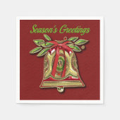 シーズンズグリーティング金ゴールドクリスマスベルレッドナプキンス スタンダードカクテルナプキン (正面)