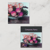 シーズンズフルーツピーチ、プルーン、葉グレーピンク スクエア名刺 (正面/裏面)