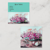 シーズンズフルーツ/いちご，梨ピンクティール（緑がかった色）ブルー スクエア名刺 (正面/裏面)