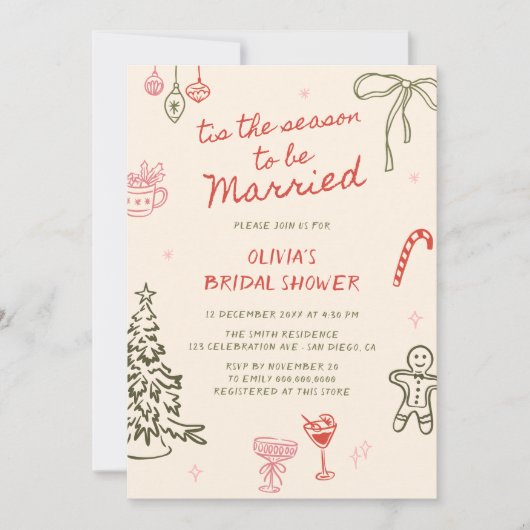 シーズンハンドドロッドクリスマスブライダルシャワー 招待状 (正面)
