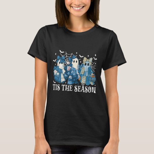 シーズンブルーパッチワーク幽霊カボチャ不気味 Tシャツ (正面)