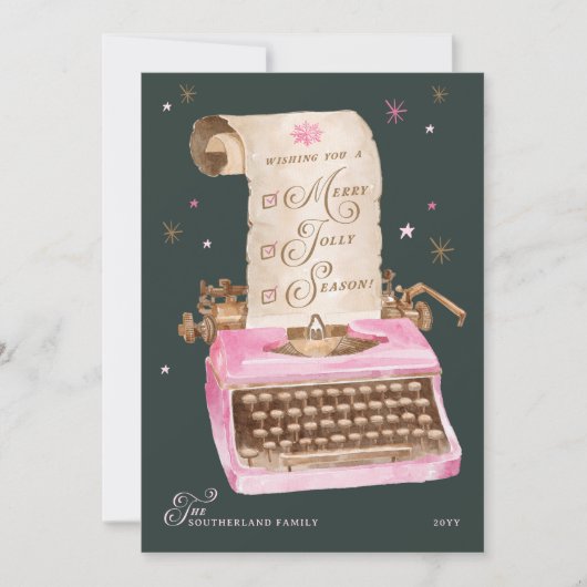 シーズンメリーヴィンテージピンクタイプライターのクリスマス シーズンカード (正面)