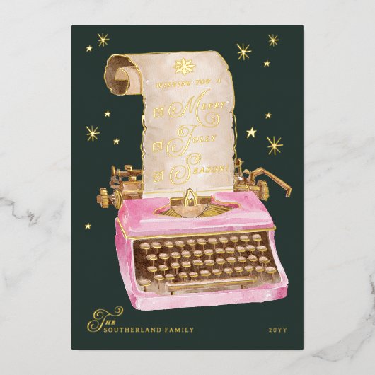 シーズンメリーヴィンテージピンクタイプライターのクリスマス 箔シーズンカード (正面)