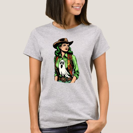 シーズン不気味グリーンレトロ女性のカーボーイと幽霊 Tシャツ (正面)