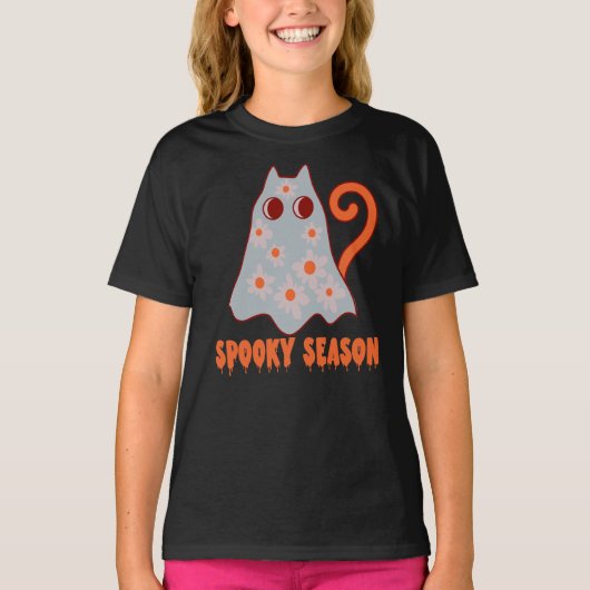 シーズン不気味グルービー幽霊キャットハロウィン Tシャツ (正面)