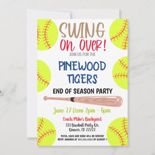 シーズン終了ソフトボールパーティー招待状 招待状 (正面)