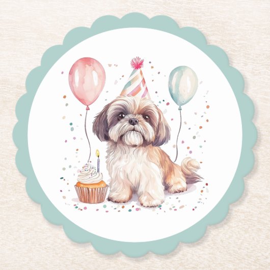 シーズー犬の誕生日ケーキ ペーパーコースター (正面)
