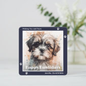 シーズー犬の青い水彩クリスマス シーズンカード (スタンド正面)