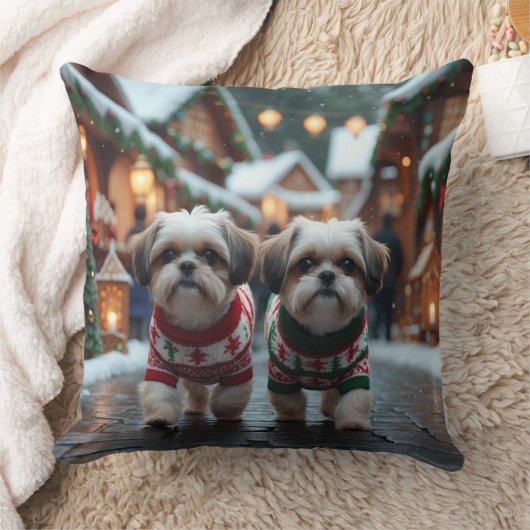 シーズー犬 クリスマス 雪 冬の休日 クッション (ブランケット)