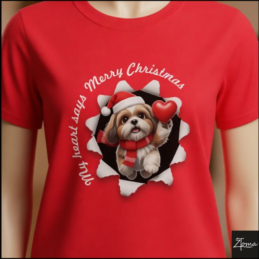 シーズー 子犬 クリスマス ハート スカーフ Tシャツ