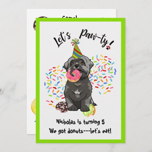 シーズー(犬)おもしろい津犬ドーナツ誕生日パーティー 招待状 (正面/裏面)