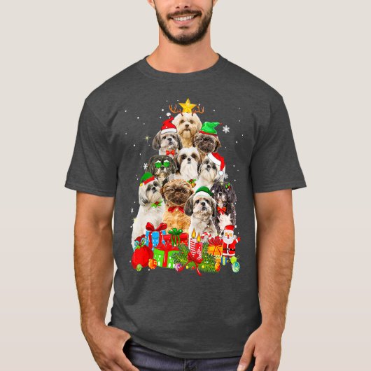 シーズー（犬）おもしろいTzuクリスマスツリーライトパピードッグ Tシャツ (正面)