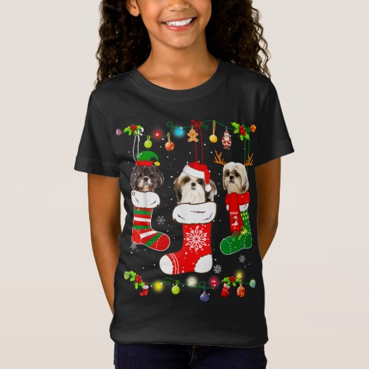 シーズー（犬）おもしろいTzu犬のクリスマスライトパピードッグラブ Tシャツ (正面)