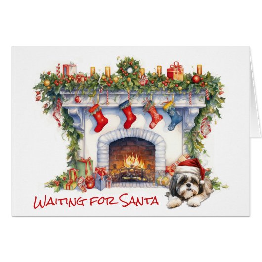 シーズー(犬)の子犬がサンタクリスマス暖炉を待つ (正面横)