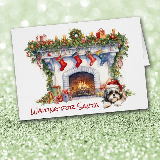 シーズー（犬）の子犬がサンタクリスマス暖炉を待つ