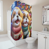 「シーズー（犬）の子犬のサンタため» シャワーカーテン (インサイチュ)