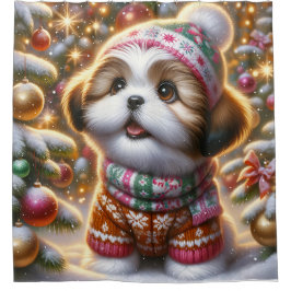 シーズー（犬）の子犬の初めての雪のクリスマス シャワーカーテン