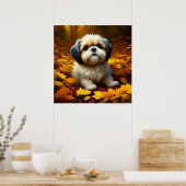 シーズー（犬）の子犬遊の紅葉 ポスター (キッチン)