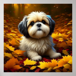 シーズー(犬)の子犬遊の紅葉 ポスター