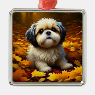 シーズー（犬）の子犬遊の紅葉 メタルオーナメント