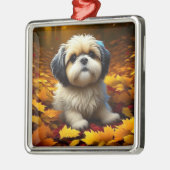 シーズー(犬)の子犬遊の紅葉 メタルオーナメント (左)
