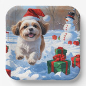 シーズー（犬）の走Tzuクリスマス帽子と雪 ペーパープレート (正面)