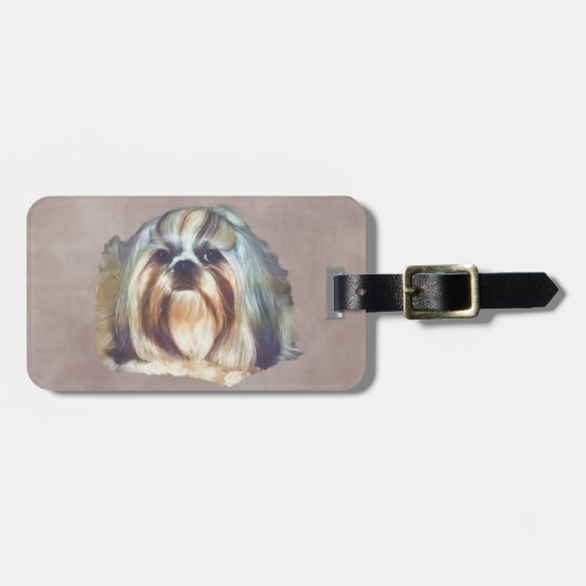 シーズー(犬)のTzu Brindleおよび白い犬 ラゲッジタグ (正面横)