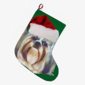 シーズー(犬)のTzu Brindleおよび白い犬 ラージクリスマスストッキング (正面 (吊り時))