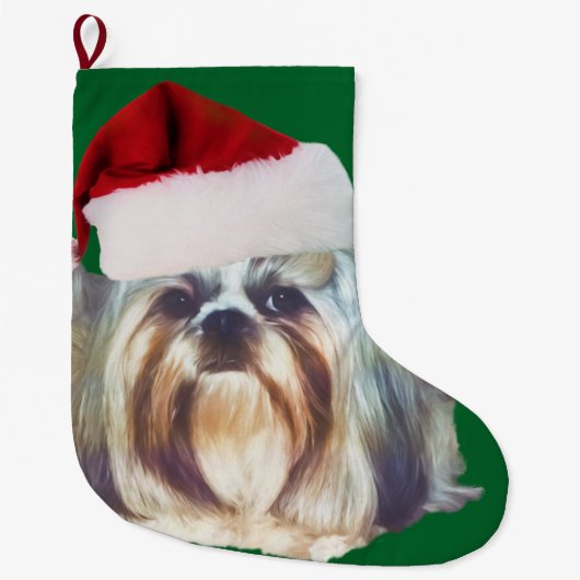 シーズー(犬)のTzu Brindleおよび白い犬 ラージクリスマスストッキング (正面)