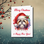 シーズー（犬）のTzu Dog in Santa Hatクリスマス カード<br><div class="desc">シーズー（犬）のもしTzuが大好きで、可愛いクリスマスカードが欲しいのにここに行く！かわいい水色スタイルアイアートシーズー（犬）Tzu in Santa Hat.</div>