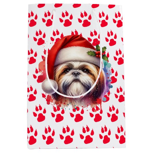 シーズー（犬）のTzu Dog in Santa Hatクリスマス ミディアムペーパーバッグ (正面)