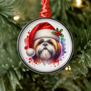 シーズー（犬）のTzu Dog in Santa Hatクリスマス メタルオーナメント