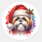シーズー(犬)のTzu Dog in Santa Hatクリスマス ラウンドシール (正面)