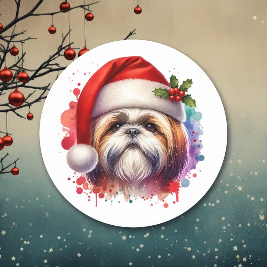 シーズー(犬)のTzu Dog in Santa Hatクリスマス ラウンドシール