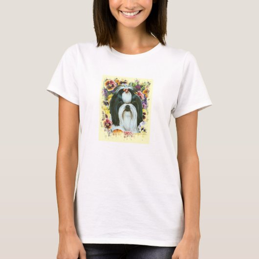 シーズー(犬)ズアンドパンジーアートプリント Tシャツ (正面)