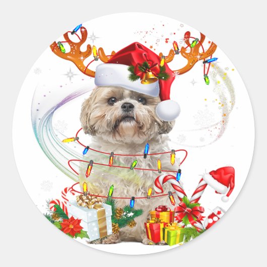 シーズー（犬）ズクリスマストナカイ |クリスマスライト ラウンドシール (正面)
